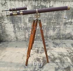 Nautical Brass 39 Antique Leather Telescope with Antique Wooden Tripod Stand Deco