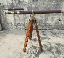Nautical Brass 39 Antique Leather Telescope with Antique Wooden Tripod Stand Deco
