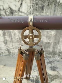 Nautical Brass 39 Antique Leather Telescope with Antique Wooden Tripod Stand Deco
