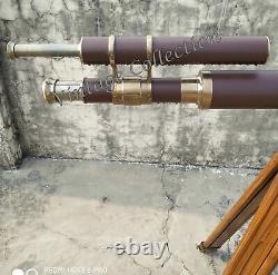 Nautical Brass 39 Antique Leather Telescope with Antique Wooden Tripod Stand Deco