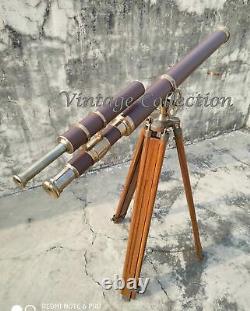 Nautical Brass 39 Antique Leather Telescope with Antique Wooden Tripod Stand Deco