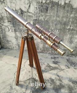 Nautical Brass 39 Antique Leather Telescope with Antique Wooden Tripod Stand Deco