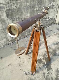 Nautical Brass 39 Antique Leather Telescope with Antique Wooden Tripod Stand Deco