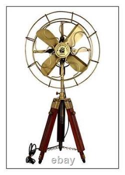 Nautical Brass Antique Electric Pedestal Fan With Wooden Tripod Stand Vintage