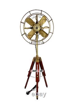 Nautical Brass Antique Electric Pedestal Fan With Wooden Tripod Stand Vintage