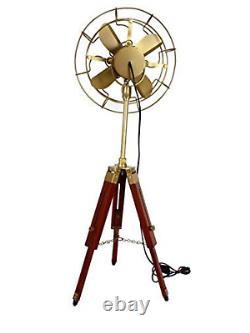 Nautical Brass Antique Electric Pedestal Fan With Wooden Tripod Stand Vintage