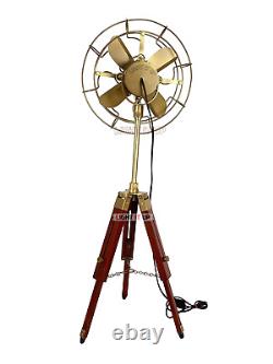 Nautical Brass Antique Electric Pedestal Fan With Wooden Tripod Stand Vintage