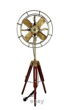 Nautical Brass Antique Electric Pedestal Fan With Wooden Tripod Stand Vintage