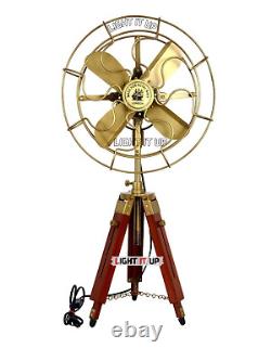 Nautical Brass Antique Electric Pedestal Fan With Wooden Tripod Stand Vintage