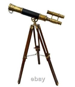 Nautical Brass Antique Half Design Leather Telescope With Wooden Tripod Stand