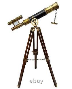 Nautical Brass Antique Half Design Leather Telescope With Wooden Tripod Stand