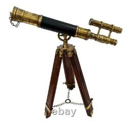 Nautical Brass Antique Half Design Leather Telescope With Wooden Tripod Stand