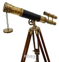 Nautical Brass Antique Half Design Leather Telescope With Wooden Tripod Stand