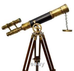 Nautical Brass Antique Half Design Leather Telescope With Wooden Tripod Stand