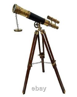 Nautical Brass Antique Half Design Leather Telescope With Wooden Tripod Stand