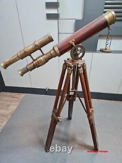 Nautical Brass Double Barrel Floor Standing Antique Telescope Wood Tripod Decor