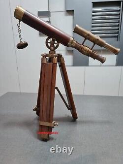 Nautical Brass Double Barrel Floor Standing Antique Telescope Wood Tripod Decor