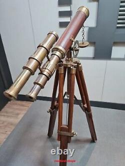 Nautical Brass Double Barrel Floor Standing Antique Telescope Wood Tripod Decor