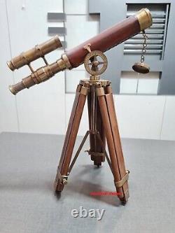 Nautical Brass Double Barrel Floor Standing Antique Telescope Wood Tripod Decor