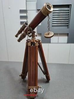 Nautical Brass Double Barrel Floor Standing Antique Telescope Wood Tripod Decor