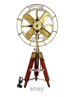 Nautical Brass Electric Pedestal Fan With Wooden Tripod Stand Vintage Home Decor