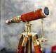 Nautical Brass Leather Telescope With Wooden Tripod Stand Vintage Gift Item
