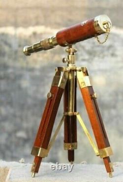 Nautical Brass Leather Telescope With Wooden Tripod Stand Vintage Gift Item