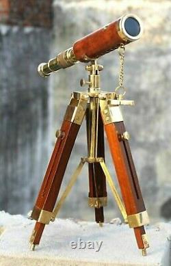 Nautical Brass Leather Telescope With Wooden Tripod Stand Vintage Gift Item