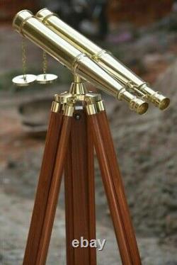 Nautical Brass Marine working Binocular Wooden Tripod Stand Griffith Telescope