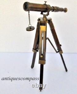 Nautical Brass Maritime Telescope Tripod with Wooden Stand Antique Vintage Gift