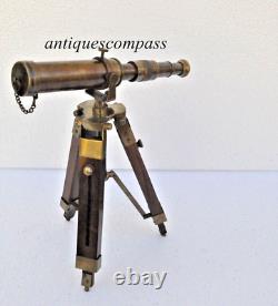 Nautical Brass Maritime Telescope Tripod with Wooden Stand Antique Vintage Gift