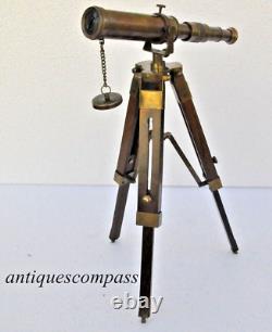 Nautical Brass Maritime Telescope Tripod with Wooden Stand Antique Vintage Gift