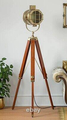 Nautical Brass Spotlight Floor Lamp Wooden Tripod lamp Vintage Living room lamps