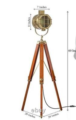 Nautical Brass Spotlight Floor Lamp Wooden Tripod lamp Vintage Living room lamps