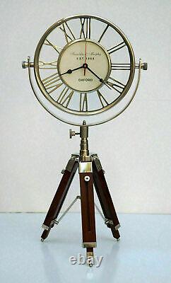 Nautical Brass Table Desk Clock Maritime Vintage With Wooden Tripod Stand Decor