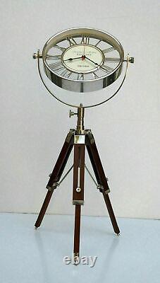 Nautical Brass Table Desk Clock Maritime Vintage With Wooden Tripod Stand Decor