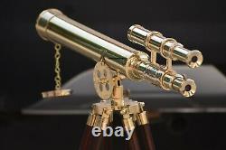 Nautical Brass Telescope With Wooden Tripod Stand, Vintage 18 Inch Double Barrel