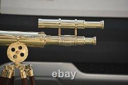 Nautical Brass Telescope With Wooden Tripod Stand, Vintage 18 Inch Double Barrel