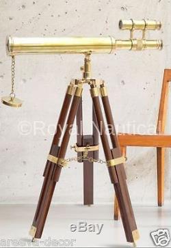 Nautical Brass Vintage Looks Telescope 10x Lense With Wooden Tripod Stand