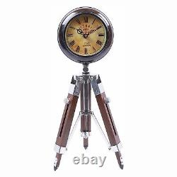 Nautical Brown Wooden Vintage Victoria Table Clock with Tripod Stand for Home