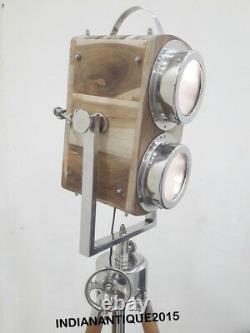 Nautical Camera Spotlight Floor Lamp Wooden Vintage With Tripod Home Decor Lamp