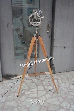 Nautical Chrome Search Light Vintage Floor Lamp With Wooden Tripod Stand