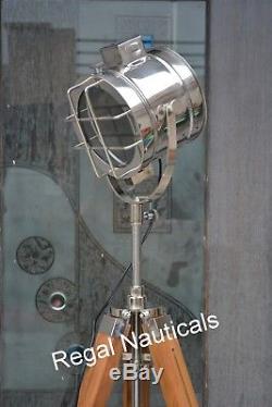 Nautical Chrome Search Light Vintage Floor Lamp With Wooden Tripod Stand