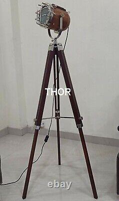 Nautical Collectible Copper Spotlight with Vintage Wooden Brown Tripod stand
