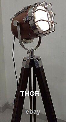 Nautical Collectible Copper Spotlight with Vintage Wooden Brown Tripod stand