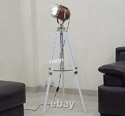 Nautical Collectible Copper Spotlight with Vintage Wooden White Tripod stand
