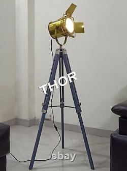 Nautical Collectible Searchlight Floor Lamp Gray Wooden Tripod Stand F/Decor