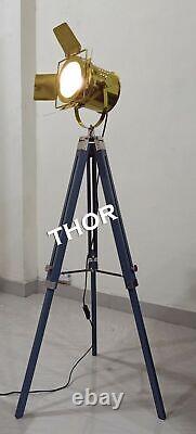 Nautical Collectible Searchlight Floor Lamp Gray Wooden Tripod Stand F/Decor