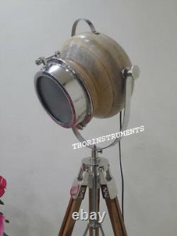 Nautical Collectible Searchlight Vintage Floor Lamp Spotlight Wood Tripod Stand