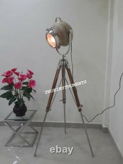 Nautical Collectible Searchlight Vintage Floor Lamp Spotlight Wood Tripod Stand